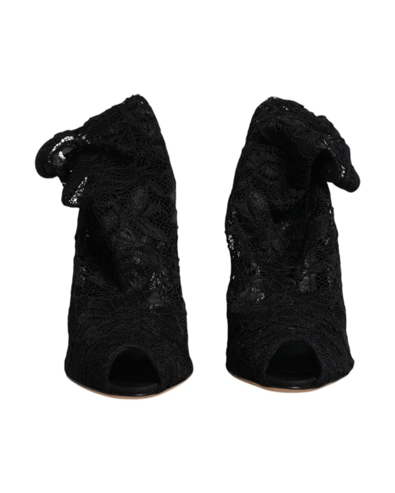 Dolce & Gabbana Black Lace Stretch Heels Mid Calf Boots Shoes Glam Steals