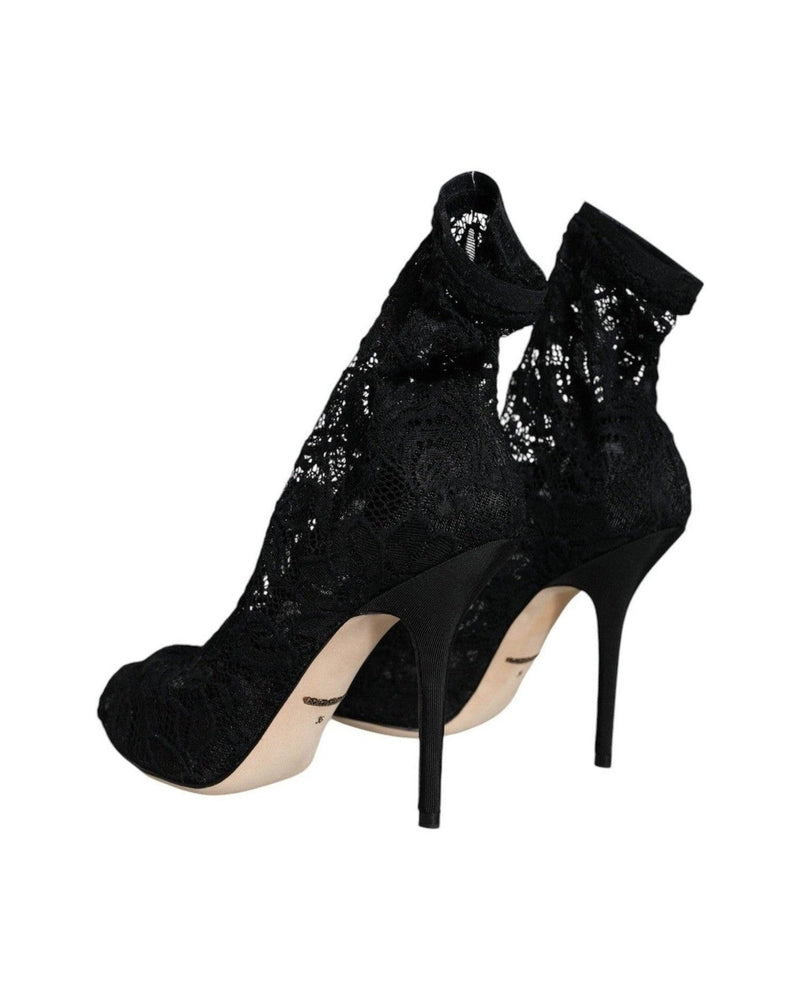 Dolce & Gabbana Black Lace Stretch Heels Mid Calf Boot Shoes Glam Steals