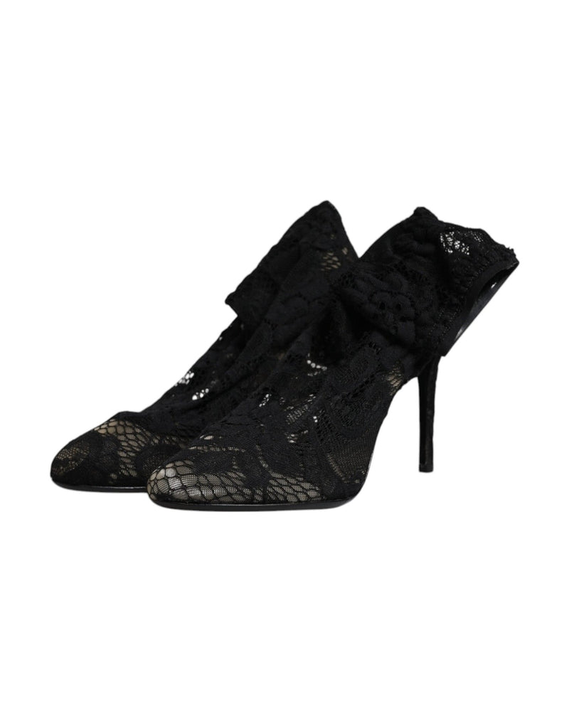 Dolce & Gabbana Black Lace Stretch Heels Mid Calf Boots Shoes Glam Steals