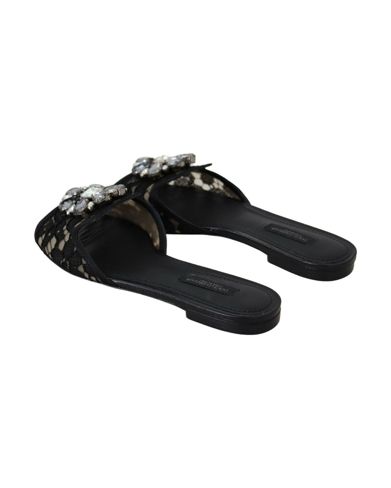 Dolce & Gabbana Black Lace Taormina Slides Crystals Flats Shoes Glam Steals
