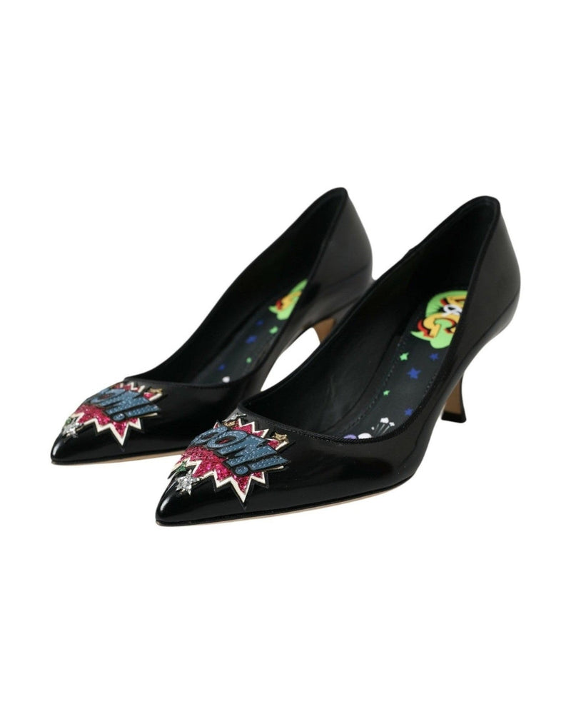 Dolce & Gabbana Black Leather Boom Patch Heels Pumps Shoes Glam Steals