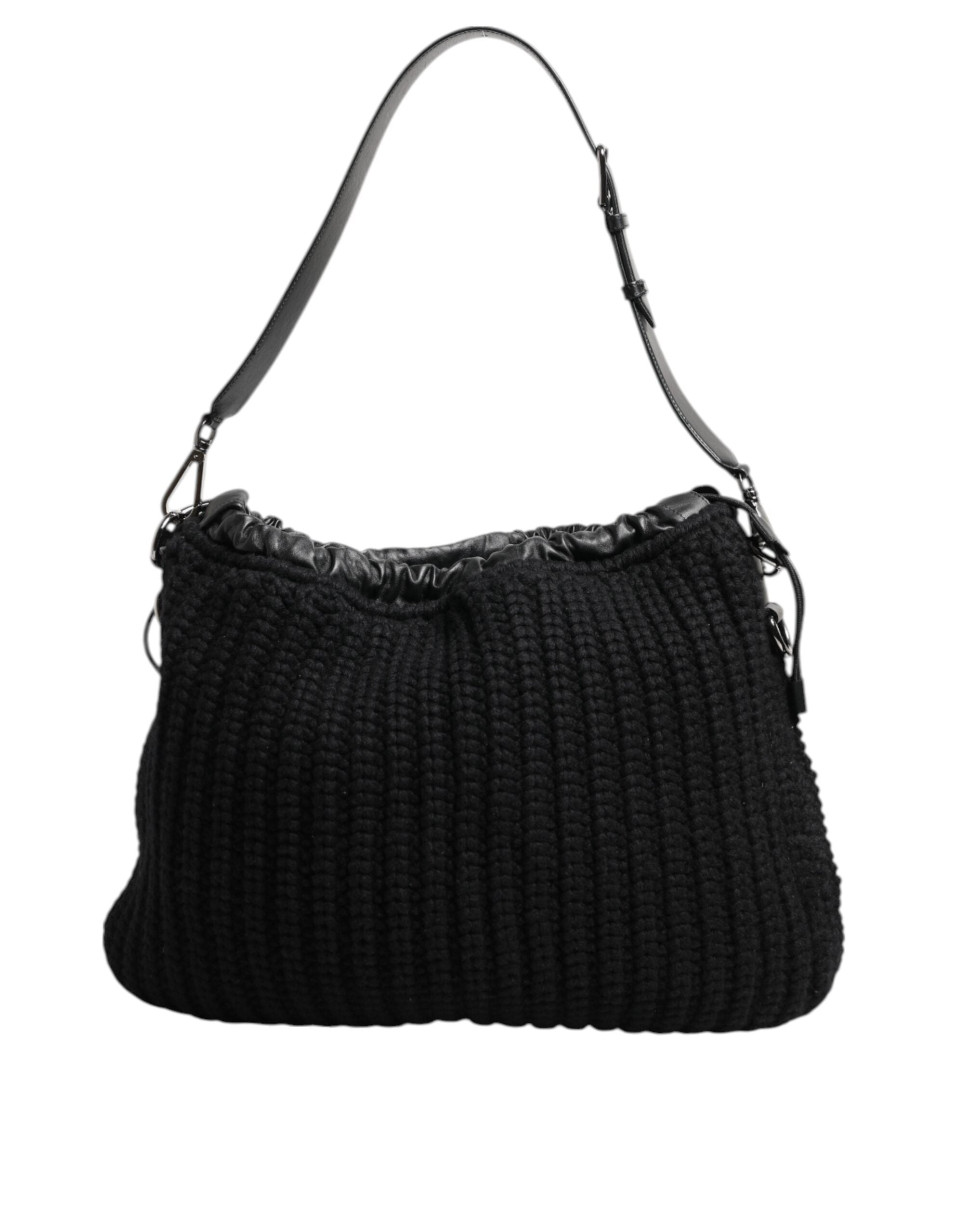 Dolce & Gabbana Black Leather Cashmere Knitted Shoulder Women Borse Bag Glam Steals