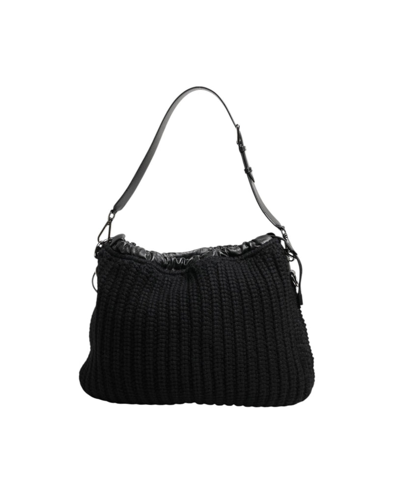 Dolce & Gabbana Black Leather Cashmere Knitted Shoulder Women Borse Bag Glam Steals
