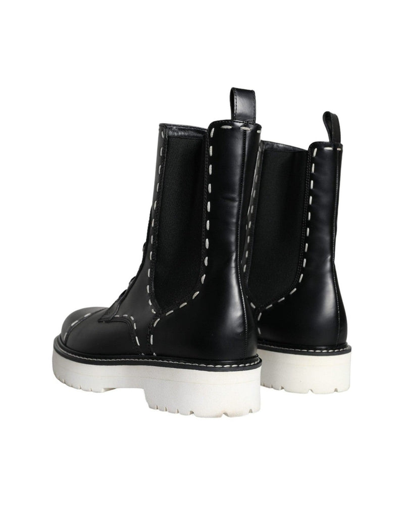 Dolce & Gabbana Black Leather Combat Mid Calf Boots Shoes Glam Steals