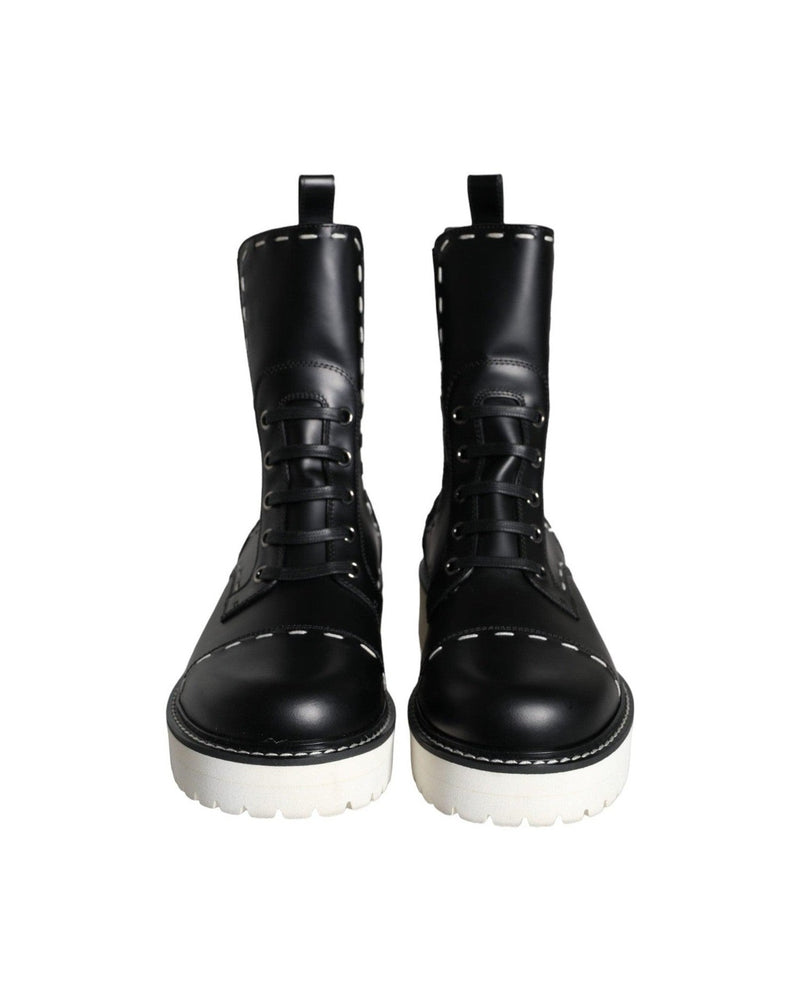 Dolce & Gabbana Black Leather Combat Mid Calf Boots Shoes Glam Steals
