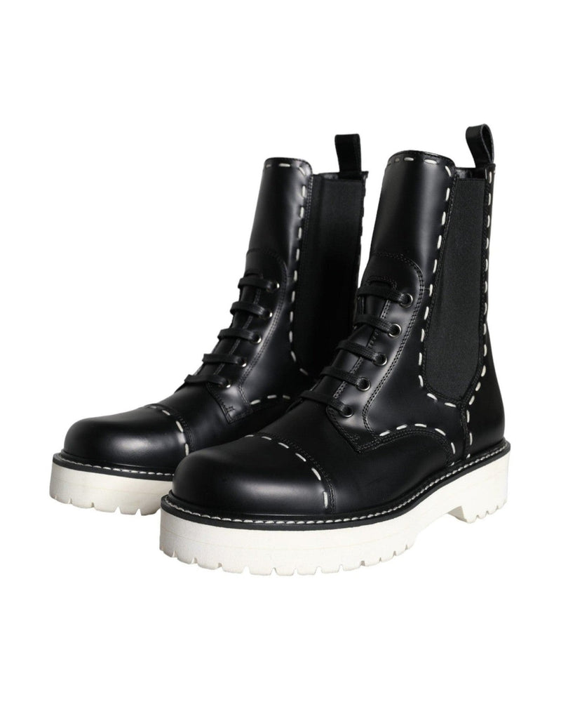 Dolce & Gabbana Black Leather Combat Mid Calf Boots Shoes Glam Steals