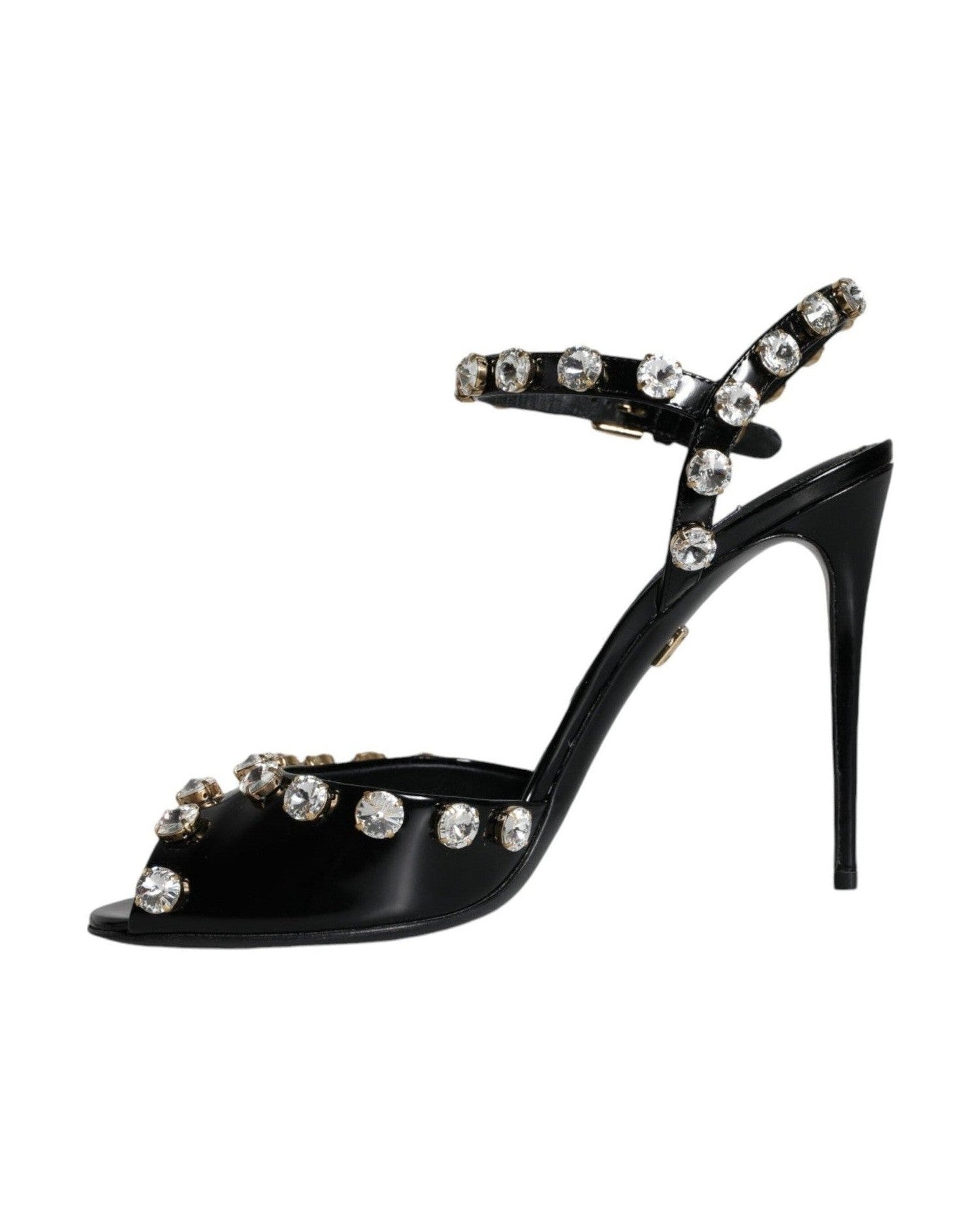 Dolce & Gabbana Black Leather Crystal Ankle Strap Sandals Shoes Heels