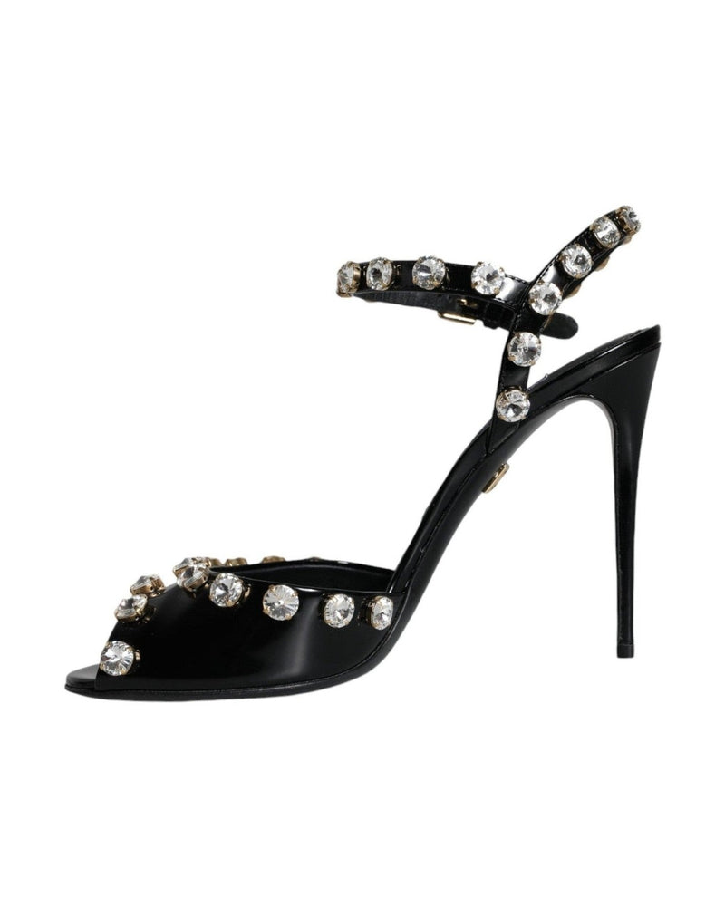 Dolce & Gabbana Black Leather Crystal Ankle Strap Sandals Shoes Heels