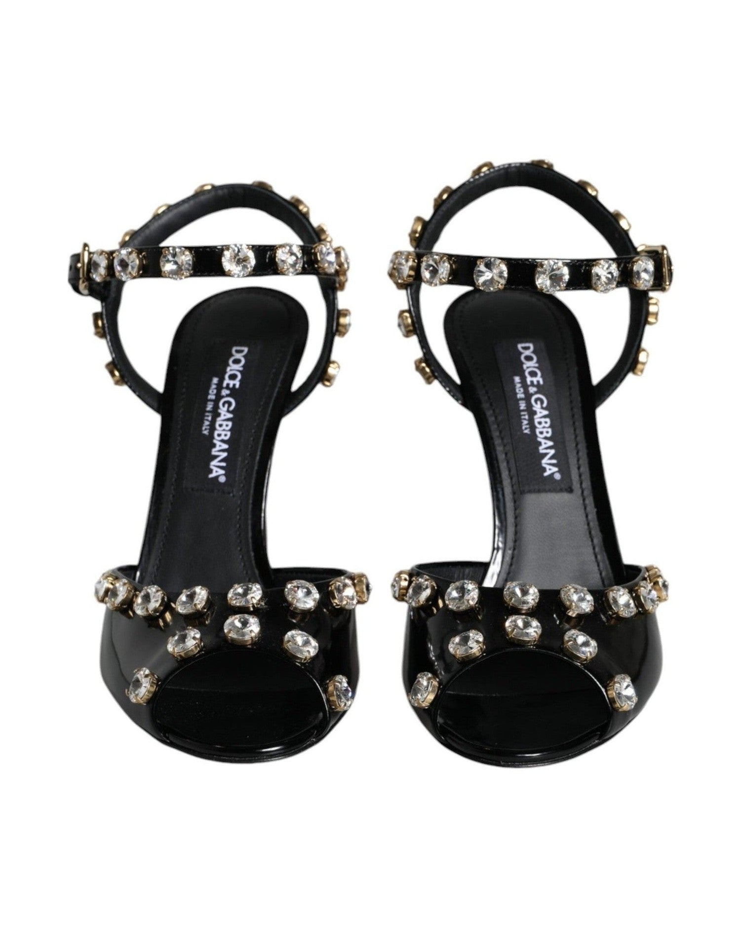 Dolce & Gabbana Black Leather Crystal Ankle Strap Sandals Shoes Heels