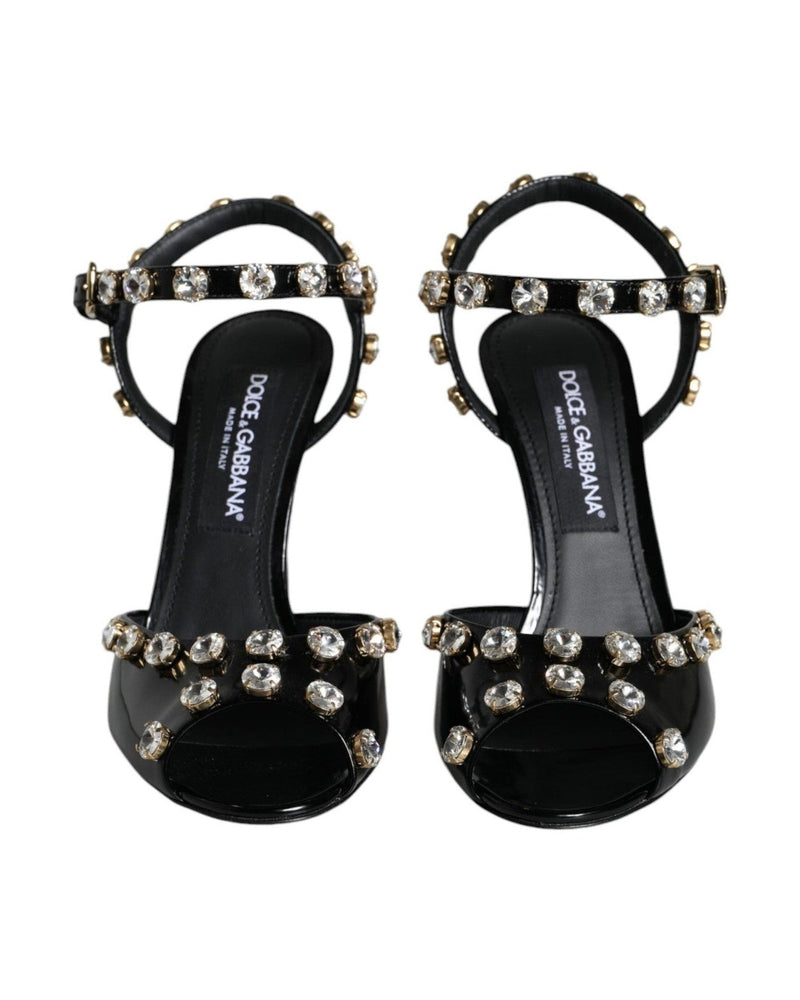 Dolce & Gabbana Black Leather Crystal Ankle Strap Sandals Shoes Heels
