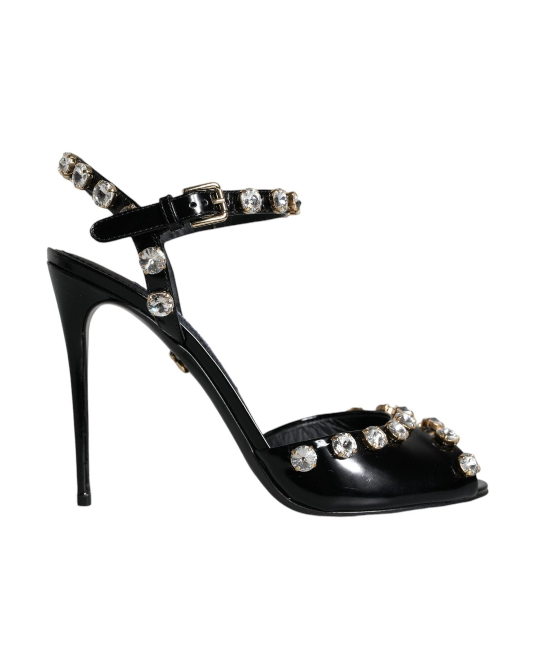 Dolce & Gabbana Black Leather Crystal Ankle Strap Sandals Shoes Glam Steals