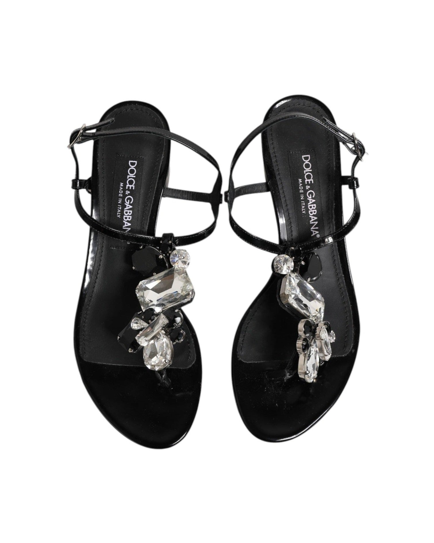 Dolce & Gabbana Black Leather Crystal Ankle Strap Sandals Shoes Glam Steals