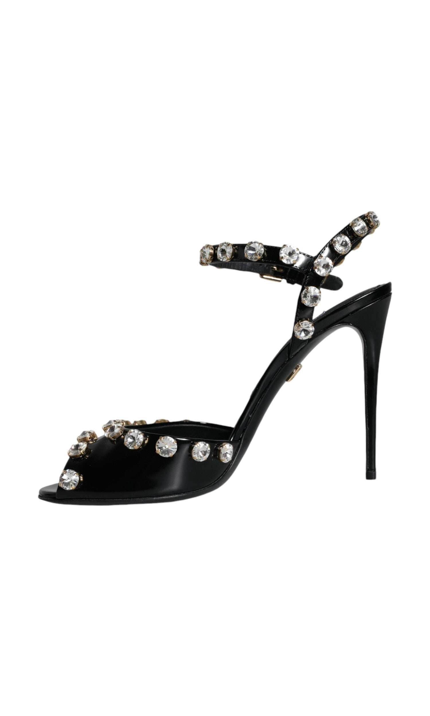 Dolce & Gabbana Black Leather Crystal Ankle Strap Sandals Shoes Glam Steals