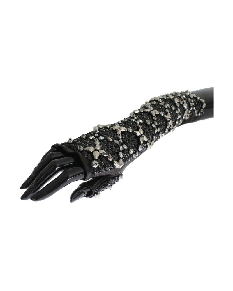 Dolce & Gabbana Black Leather Crystal Beaded Finger Free Gloves Glam Steals