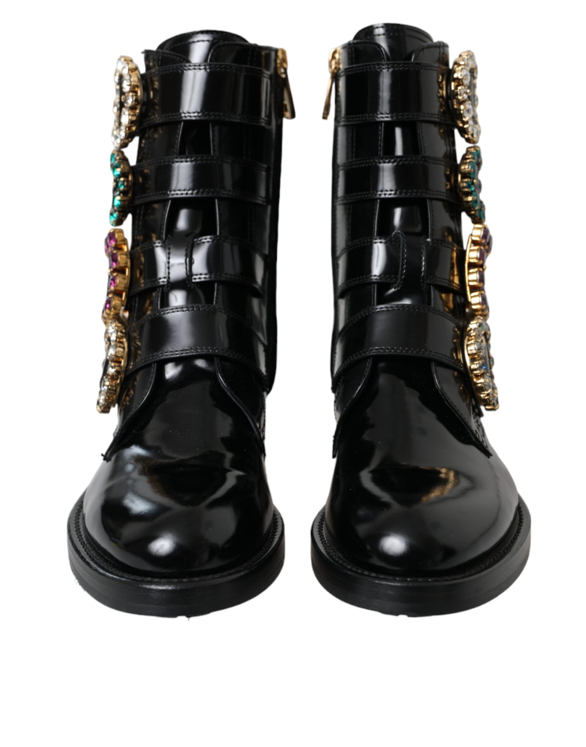Dolce & Gabbana Black Leather Crystal Buckles Boots Shoes Glam Steals
