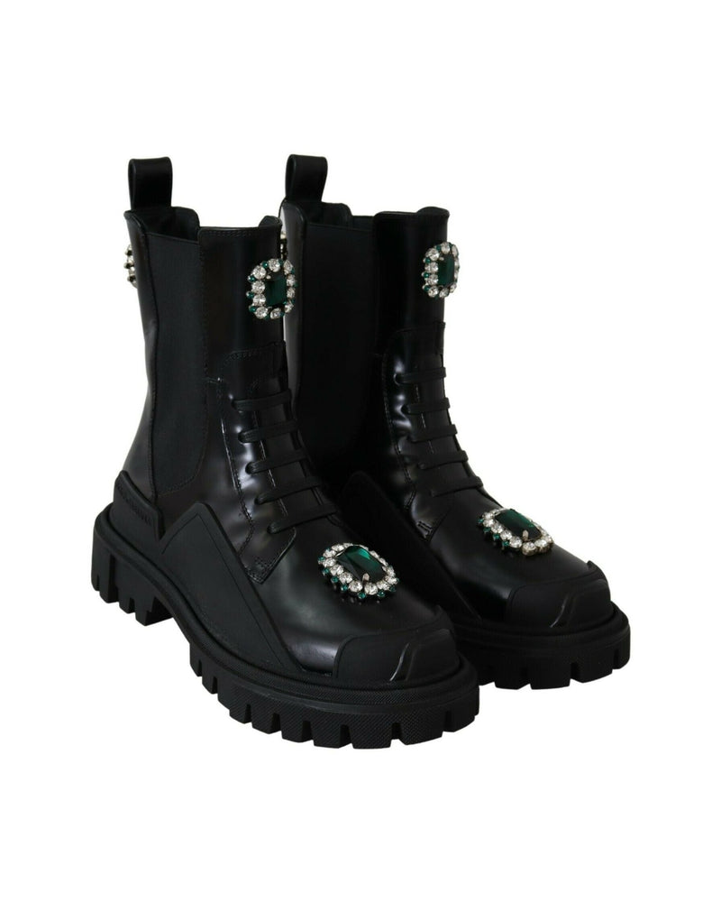Dolce & Gabbana Black Leather Crystal Combat Boots Glam Steals