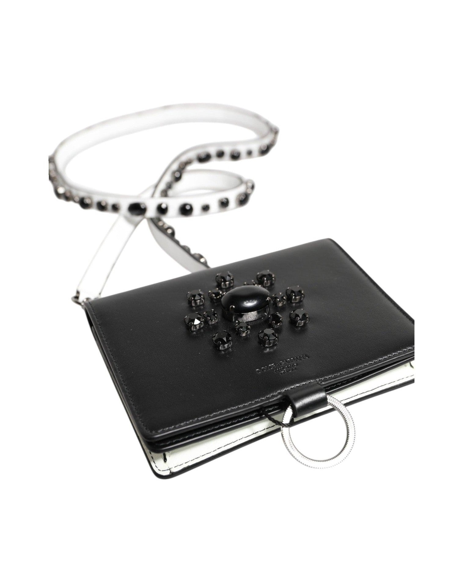 Dolce & Gabbana Black Leather Crystal Embellished Card Holder Wallet Glam Steals
