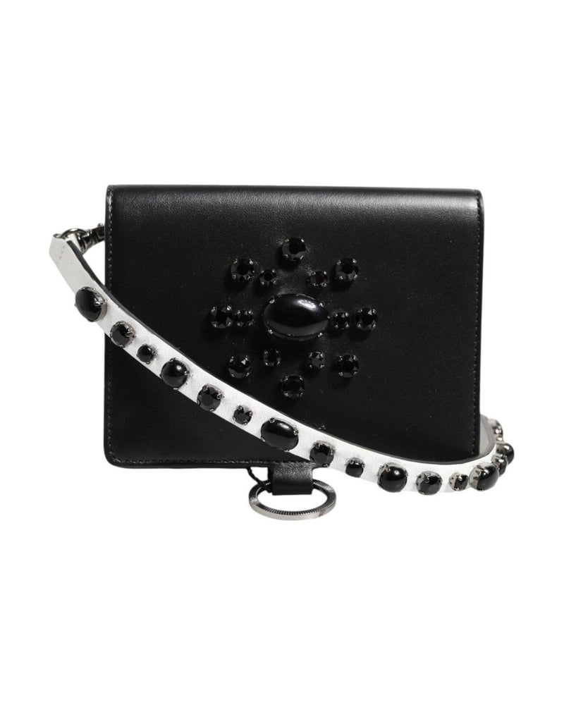 Dolce & Gabbana Black Leather Crystal Embellished Card Holder Wallet Glam Steals