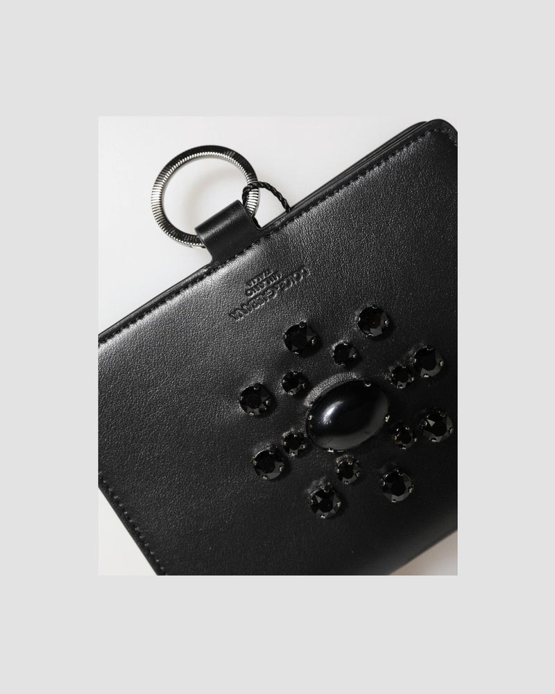 Dolce & Gabbana Black Leather Crystal Embellished Card Holder Wallet Glam Steals