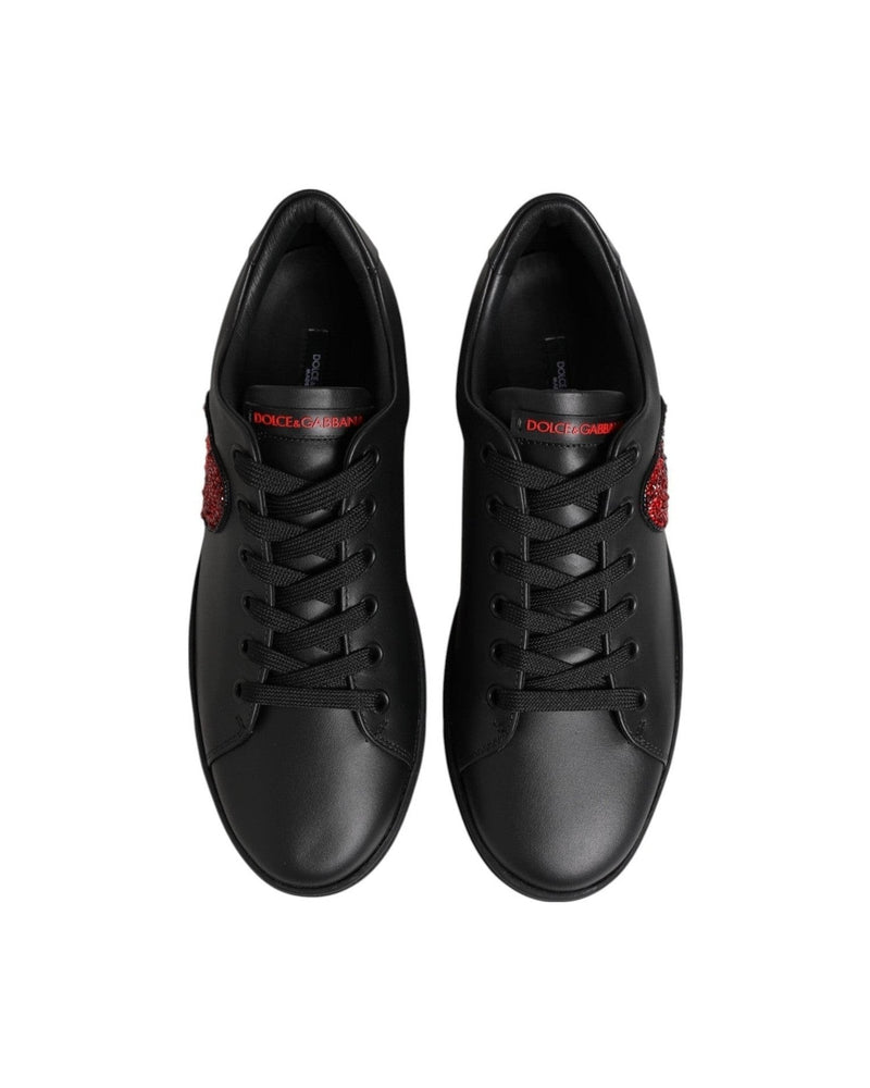 Dolce & Gabbana Black Leather Crystal Heart Low Top Sneakers Shoes Glam Steals