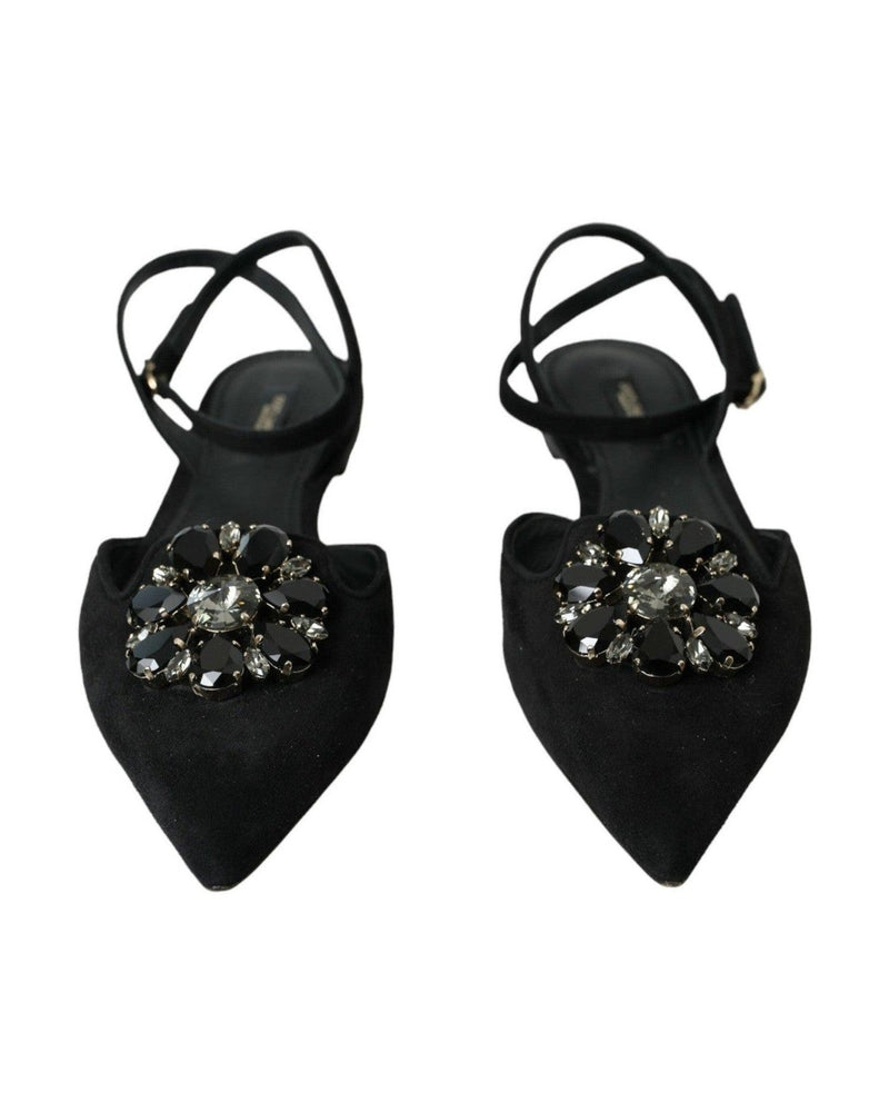 Dolce & Gabbana Black Leather Crystal Slingback Sandals Shoes Glam Steals