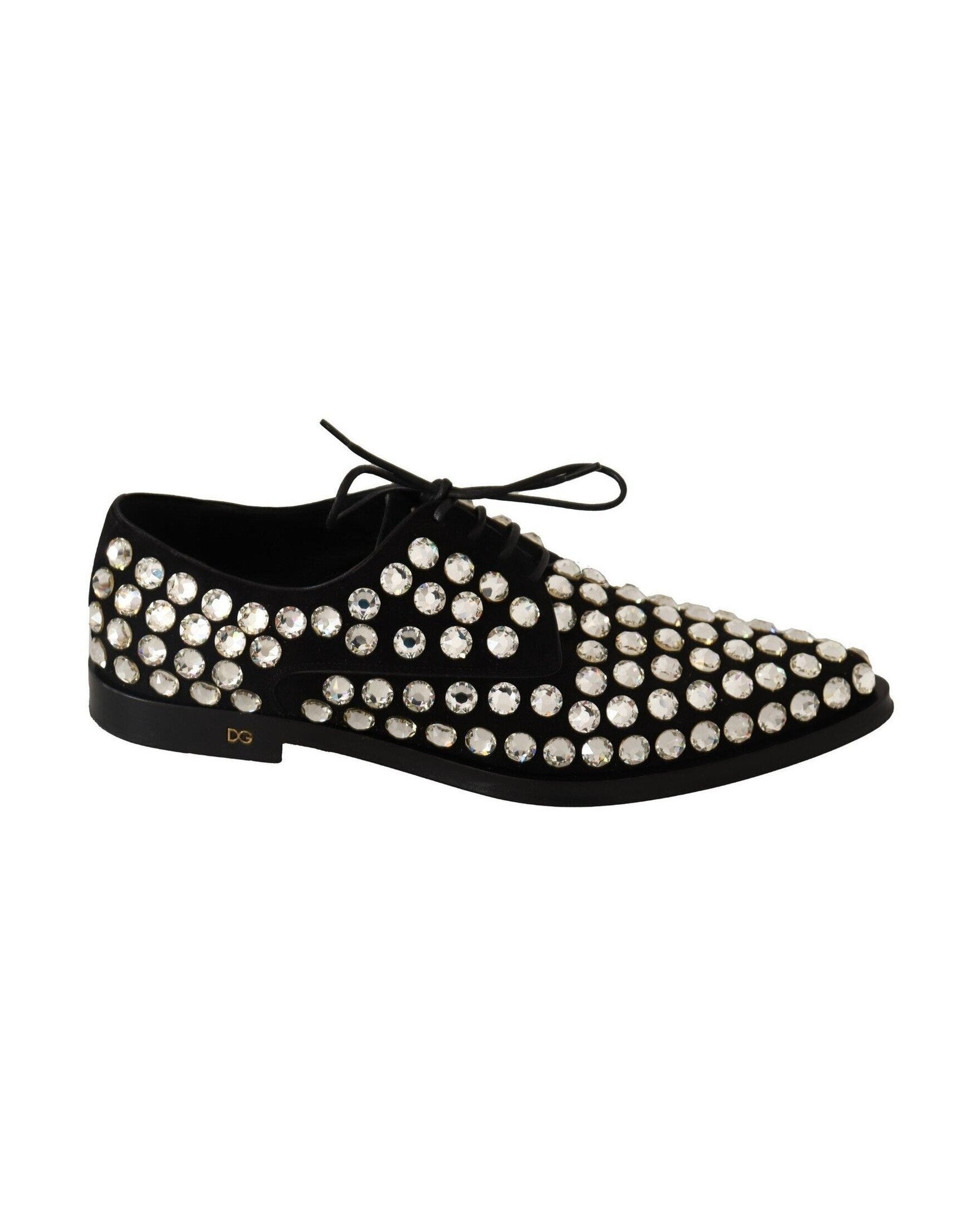 Dolce & Gabbana Black Leather Crystals Lace Up Formal Shoes Flats