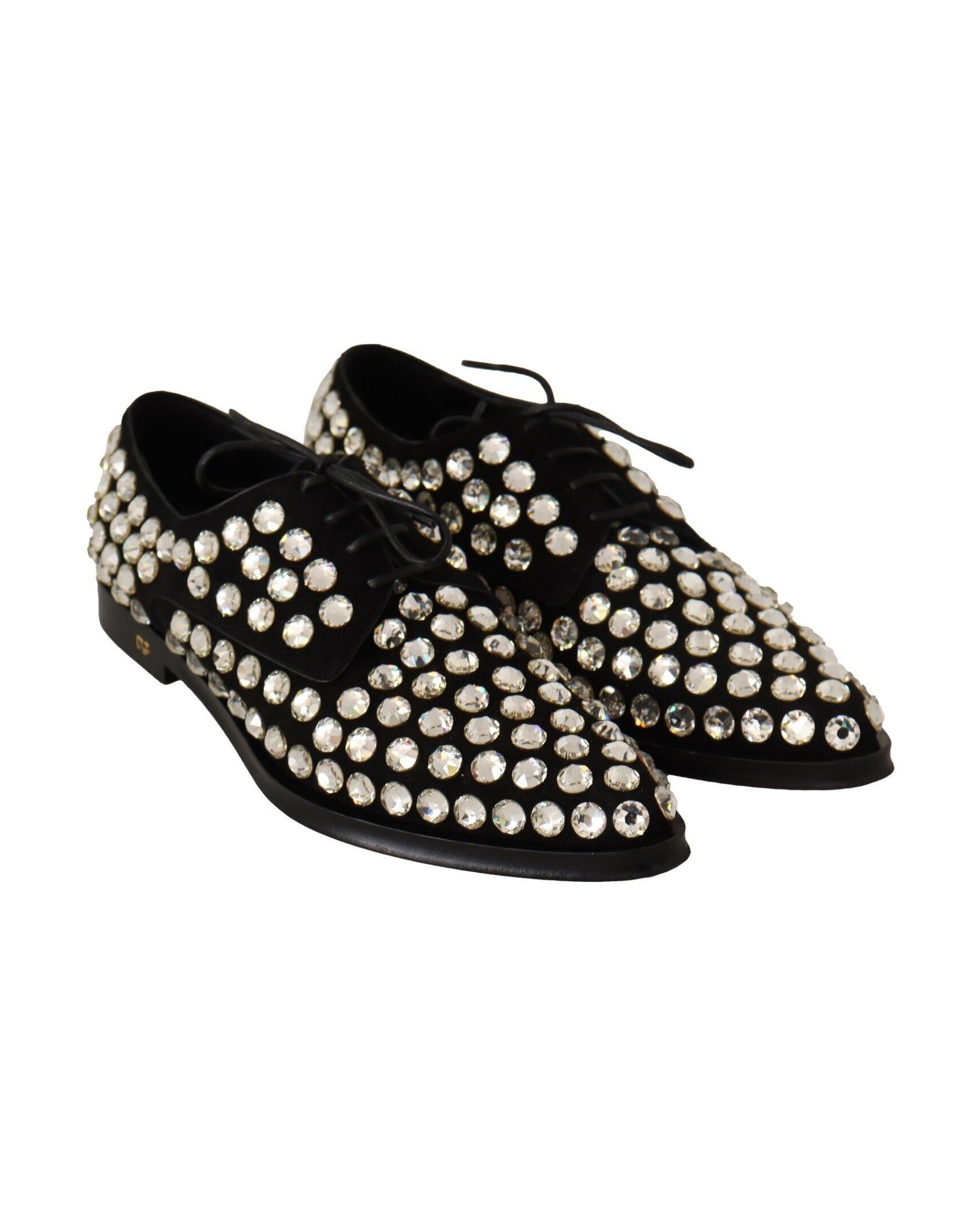 Dolce & Gabbana Black Leather Crystals Lace Up Formal Shoes Flats