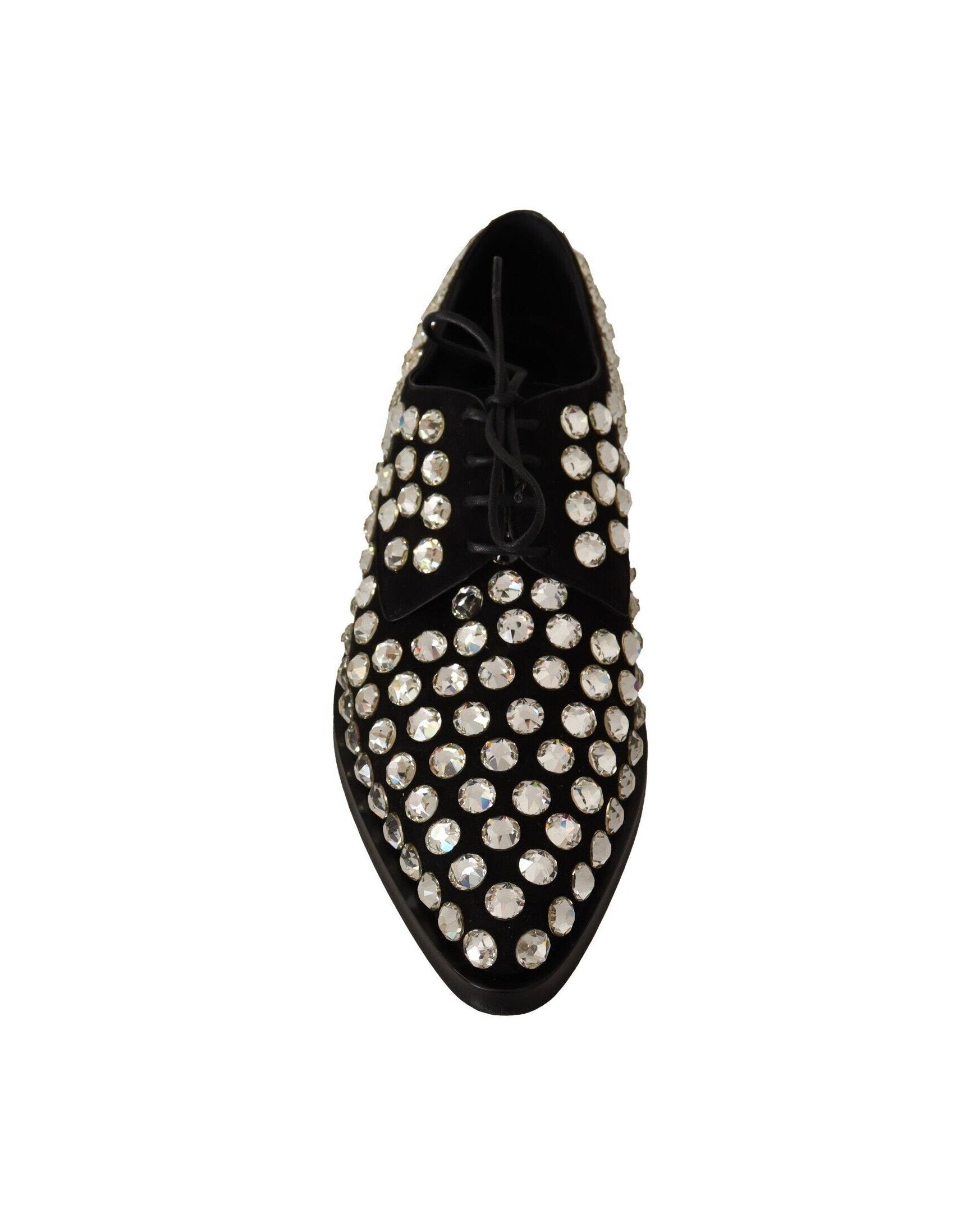 Dolce & Gabbana Black Leather Crystals Lace Up Formal Shoes Flats