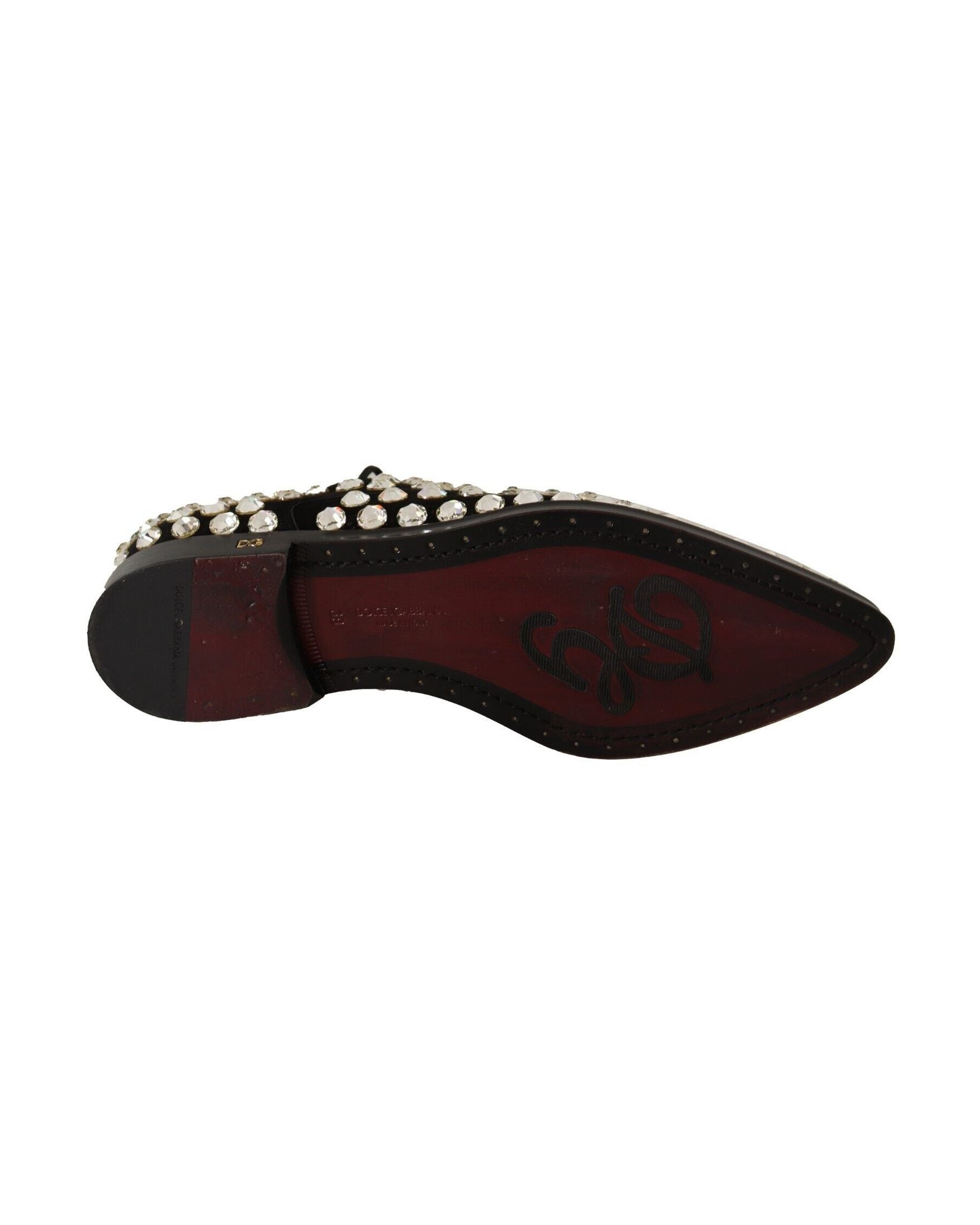 Dolce & Gabbana Black Leather Crystals Lace Up Formal Shoes Flats