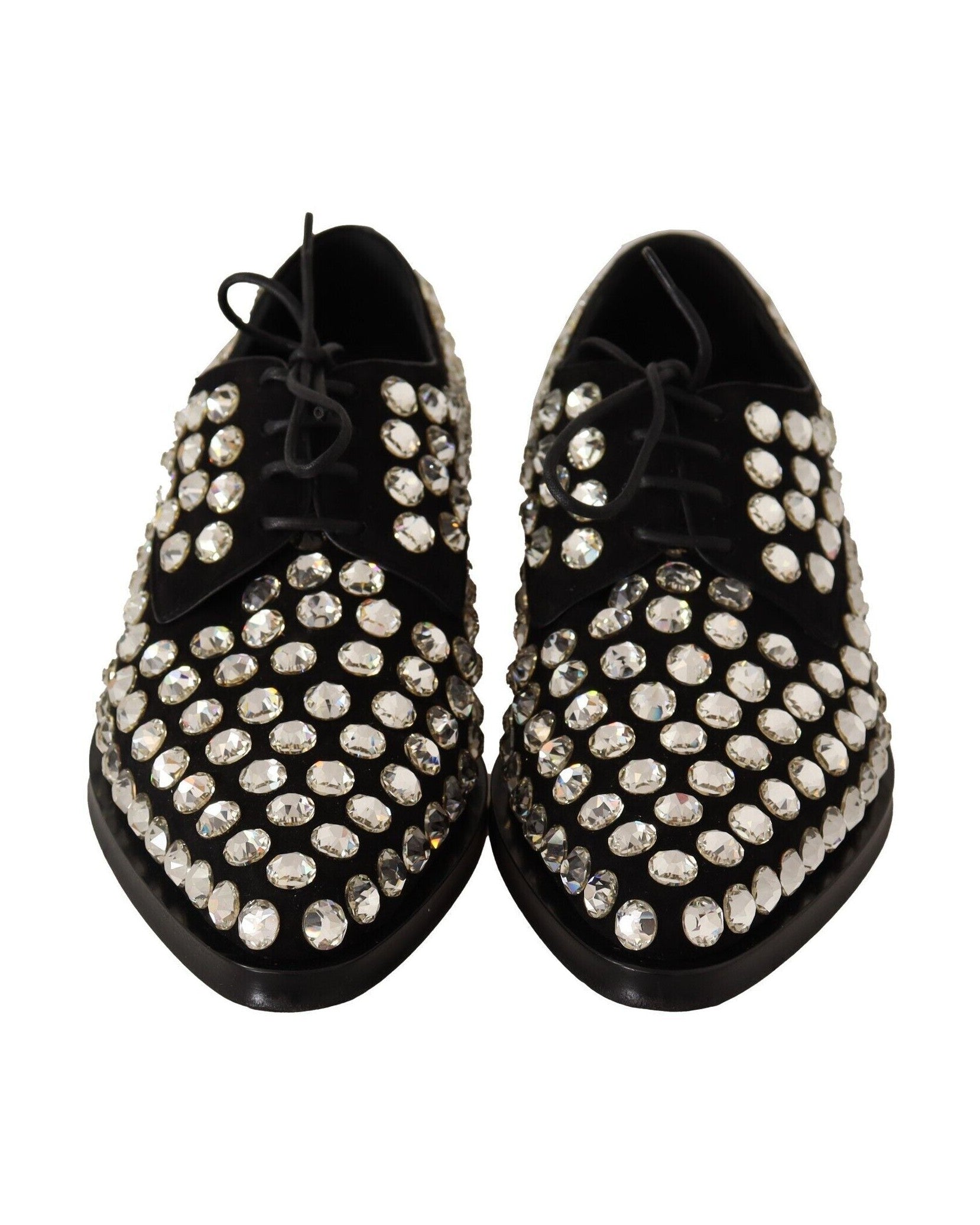 Dolce & Gabbana Black Leather Crystals Lace Up Formal Shoes Flats