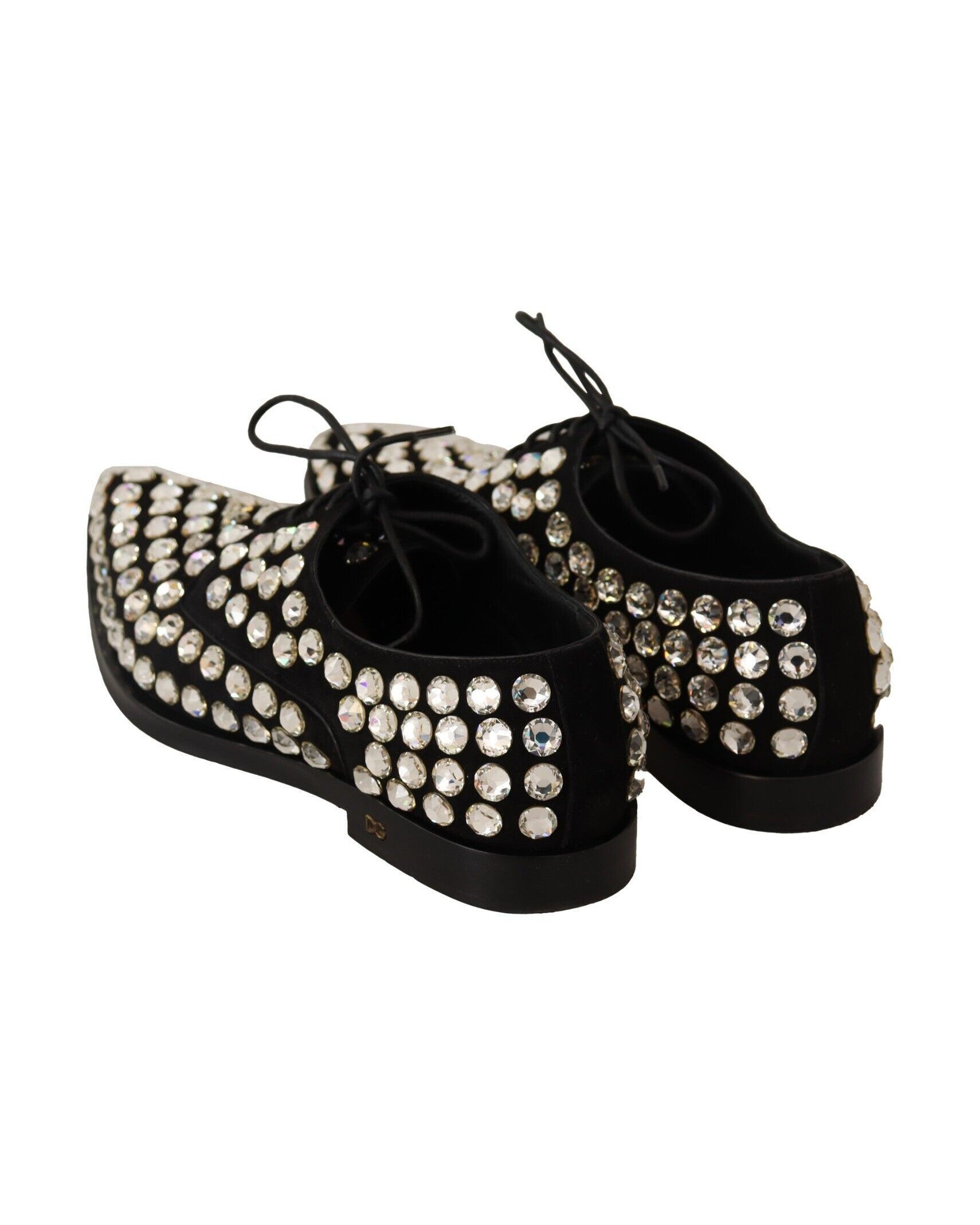 Dolce & Gabbana Black Leather Crystals Lace Up Formal Shoes Flats