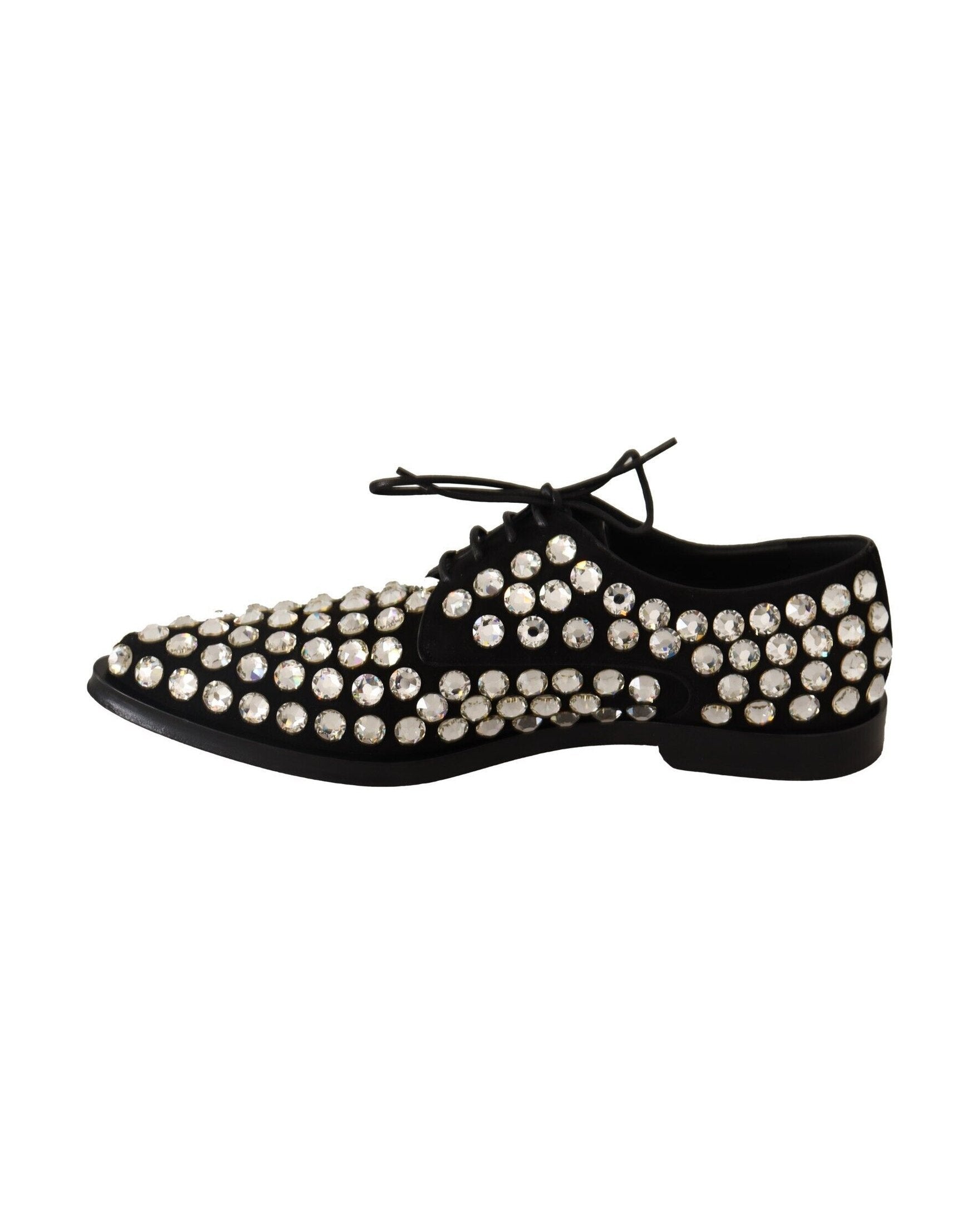 Dolce & Gabbana Black Leather Crystals Lace Up Formal Shoes Flats