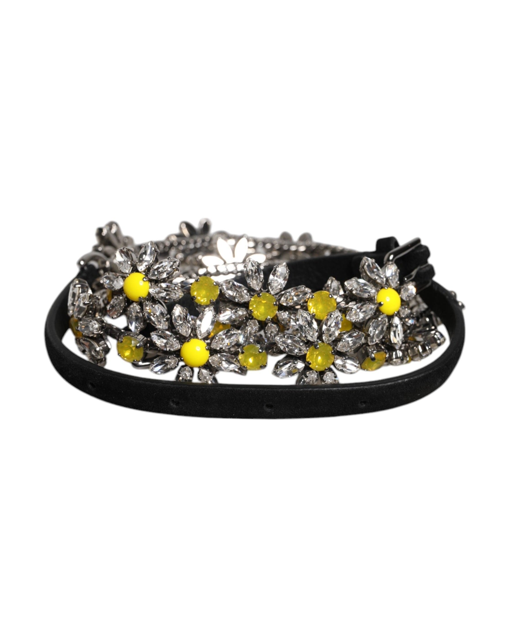 Dolce & Gabbana Black Leather Daisy Crystal Embellish Waist Belt Glam Steals