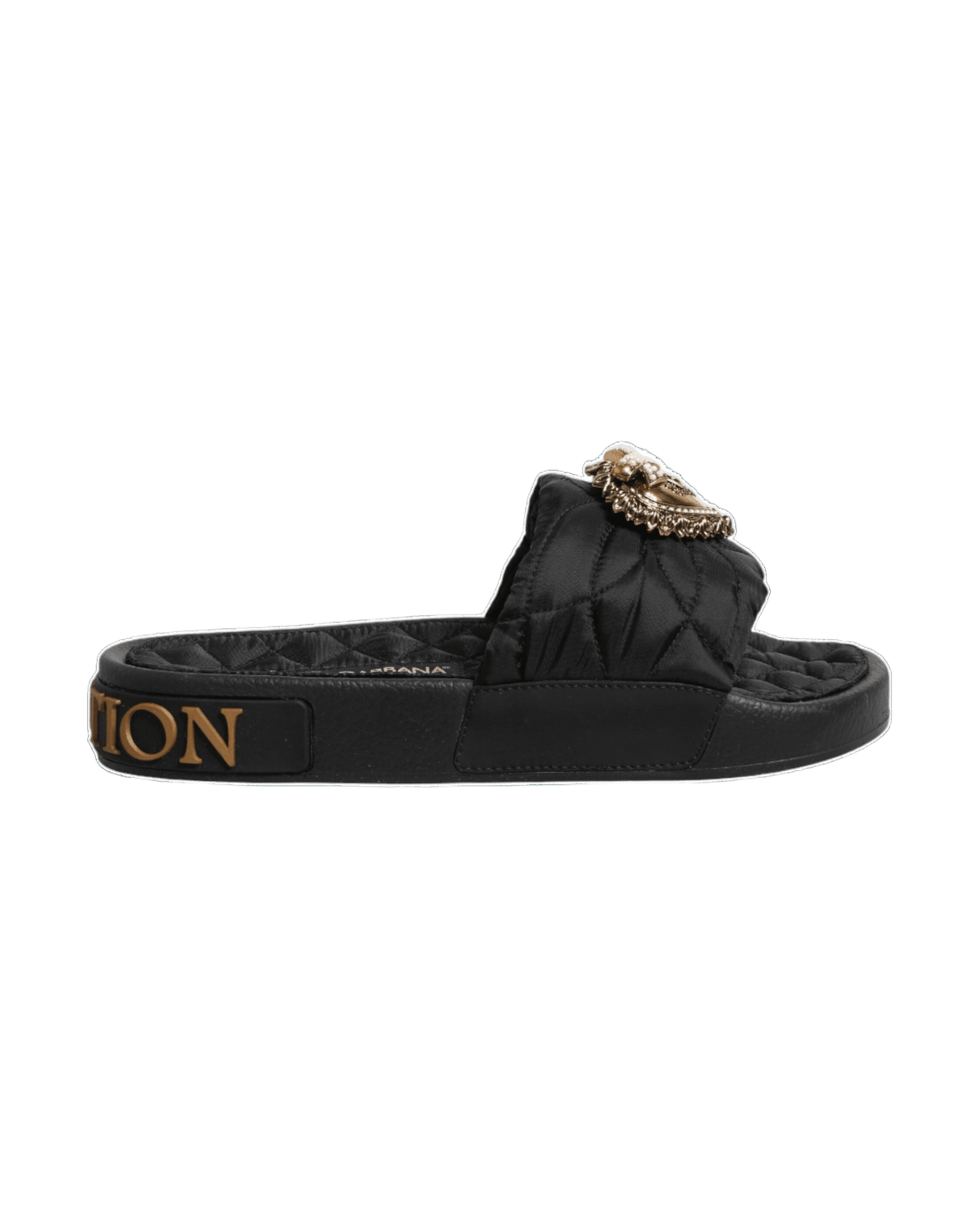 Dolce & Gabbana Black Leather Devotion Matelassé Slides Shoes Sandals