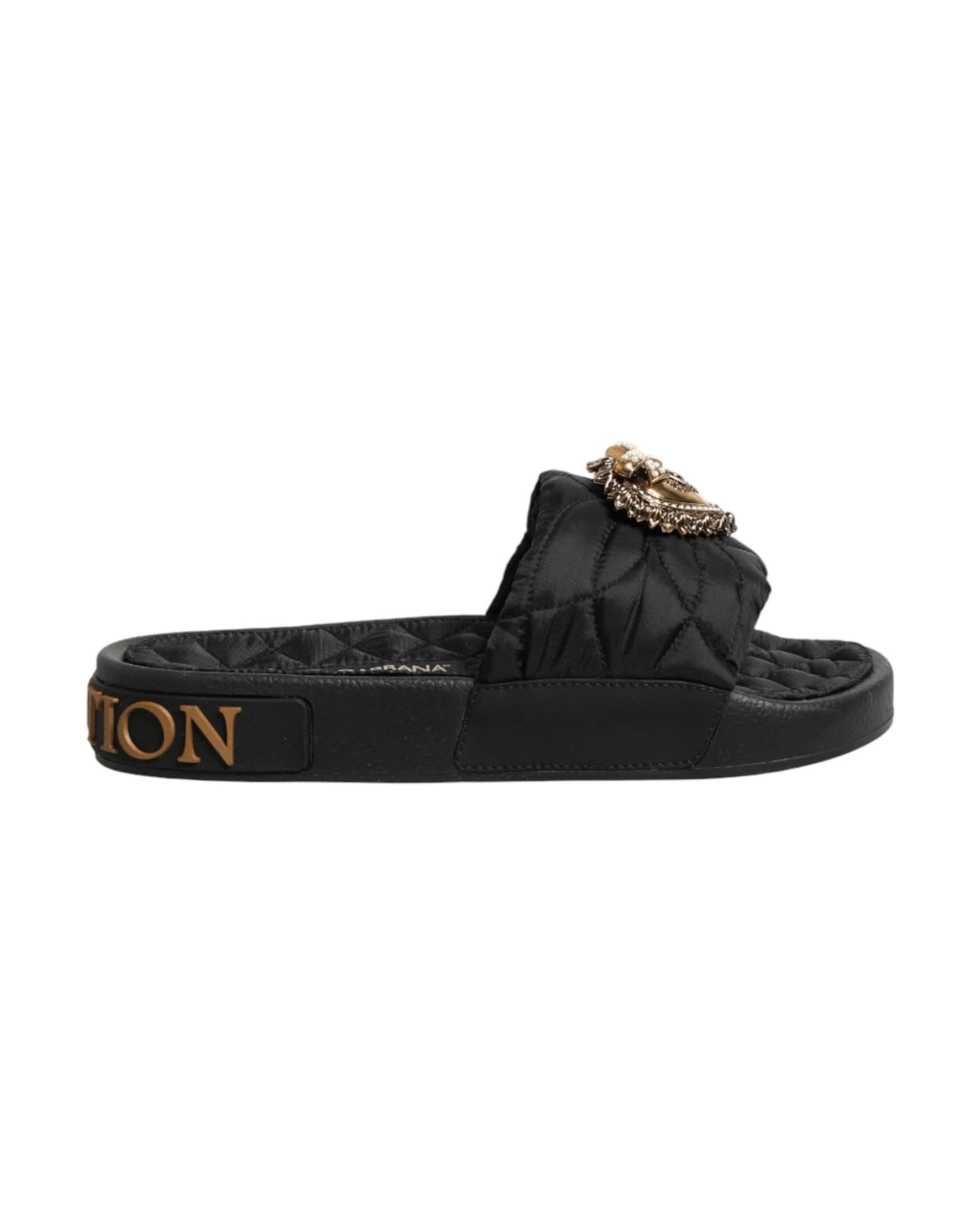 Dolce & Gabbana Black Leather Devotion Matelassé Slides Shoes Sandals