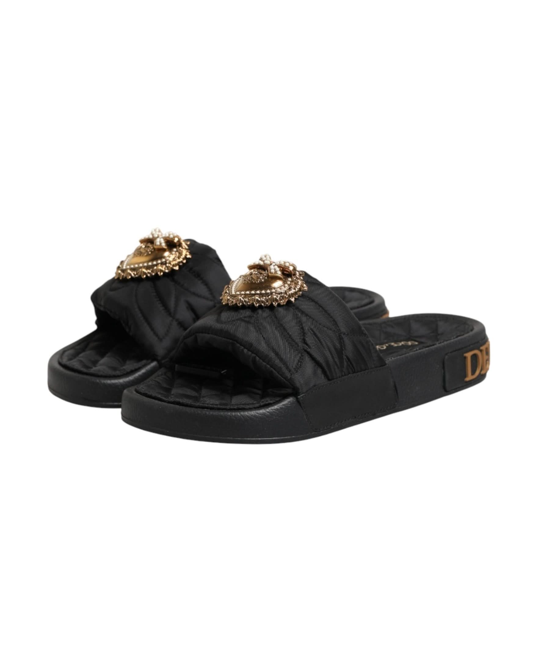 Dolce & Gabbana Black Leather Devotion Matelassé Slides Shoes Sandals