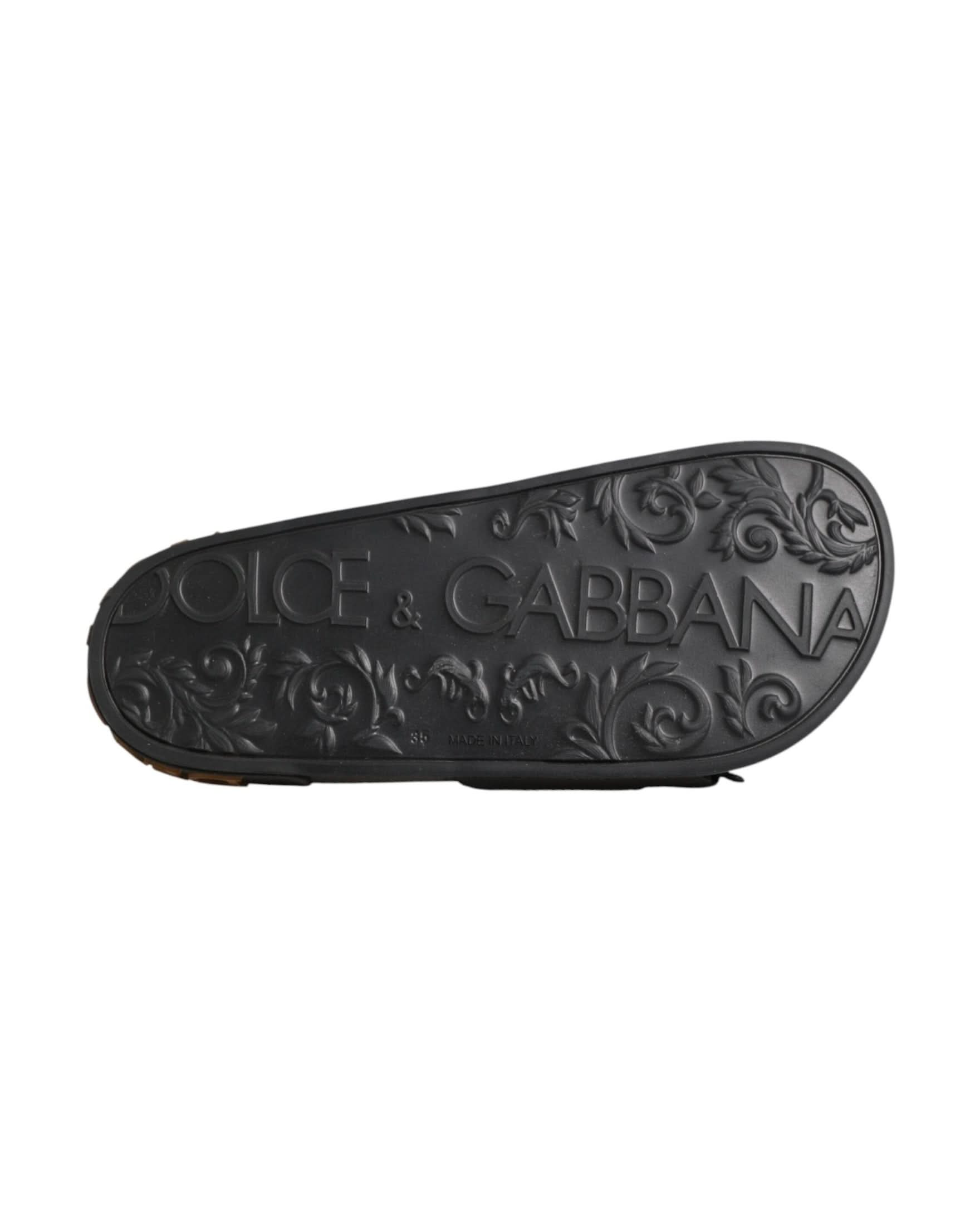 Dolce & Gabbana Black Leather Devotion Matelassé Slides Shoes Sandals