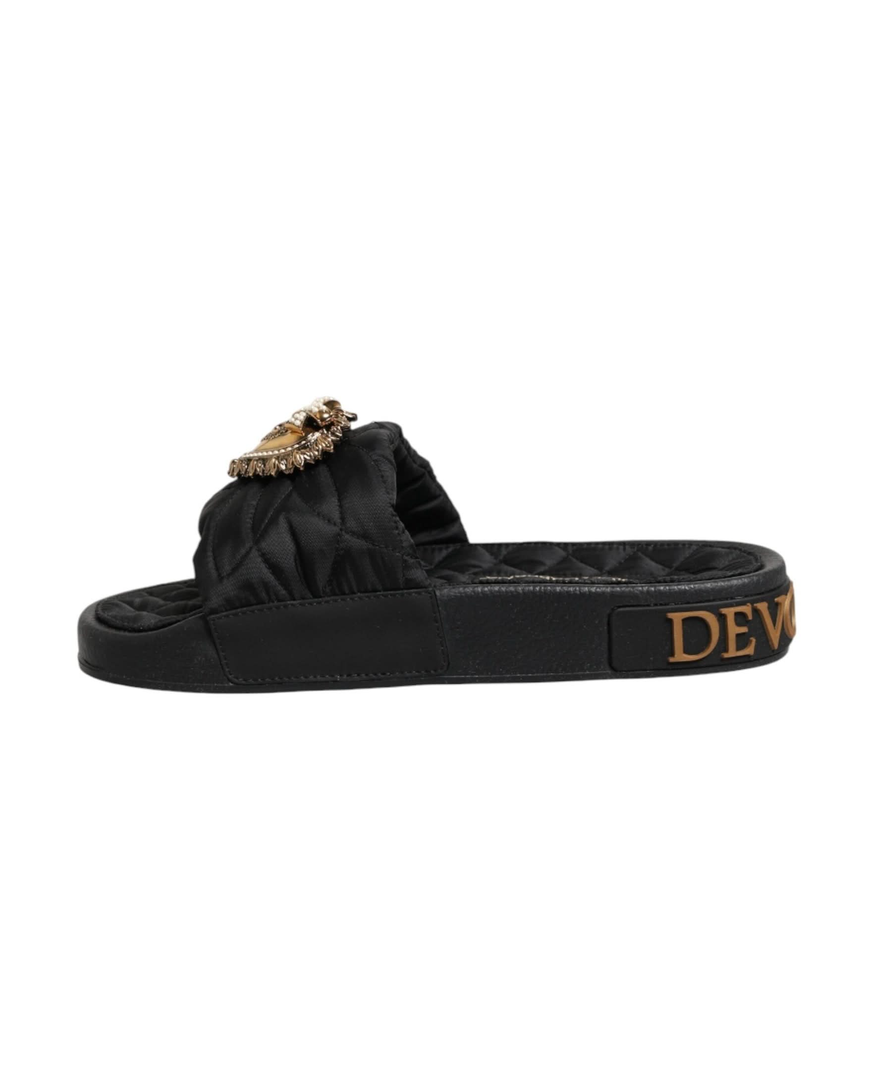 Dolce & Gabbana Black Leather Devotion Matelassé Slides Shoes Sandals