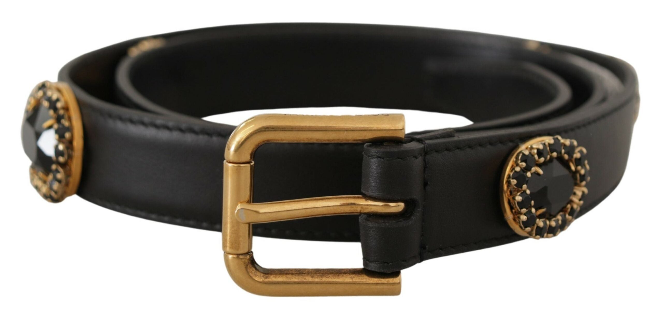 Dolce & Gabbana Black Leather Embellished Crystal Logo Belt Glam Steals