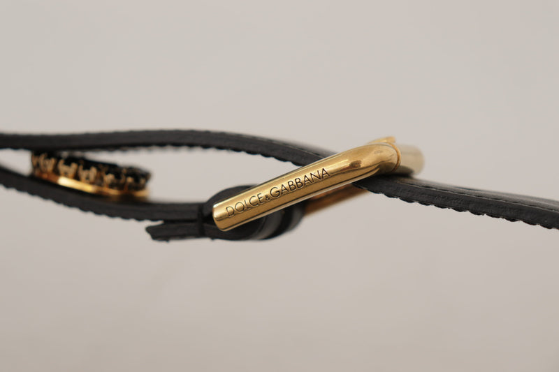 Dolce & Gabbana Black Leather Embellished Crystal Logo Belt Glam Steals