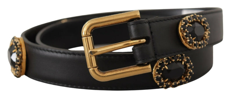 Dolce & Gabbana Black Leather Embellished Crystal Logo Belt Glam Steals