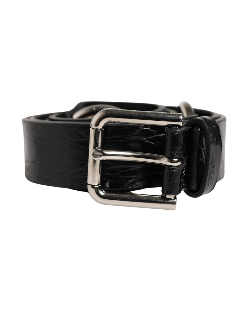 Dolce & Gabbana Black Leather Exotic Silver Metal Buckle Belt Glam Steals