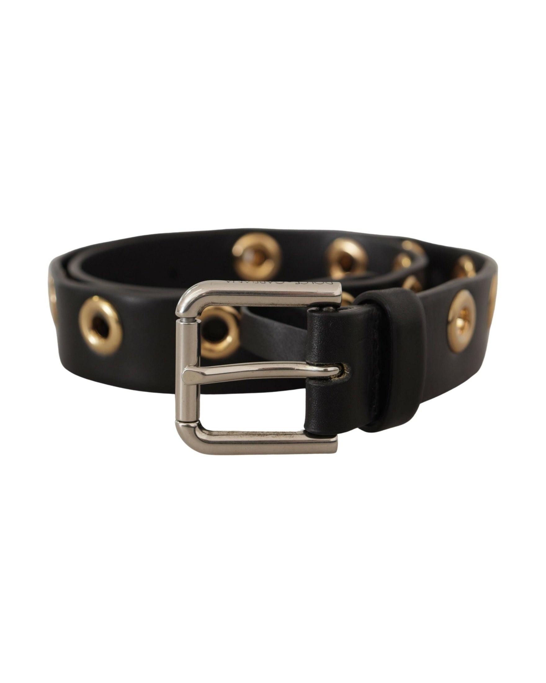 Dolce & Gabbana Black Leather Eyelet Silver Tone Metal Buckle Belt Belts