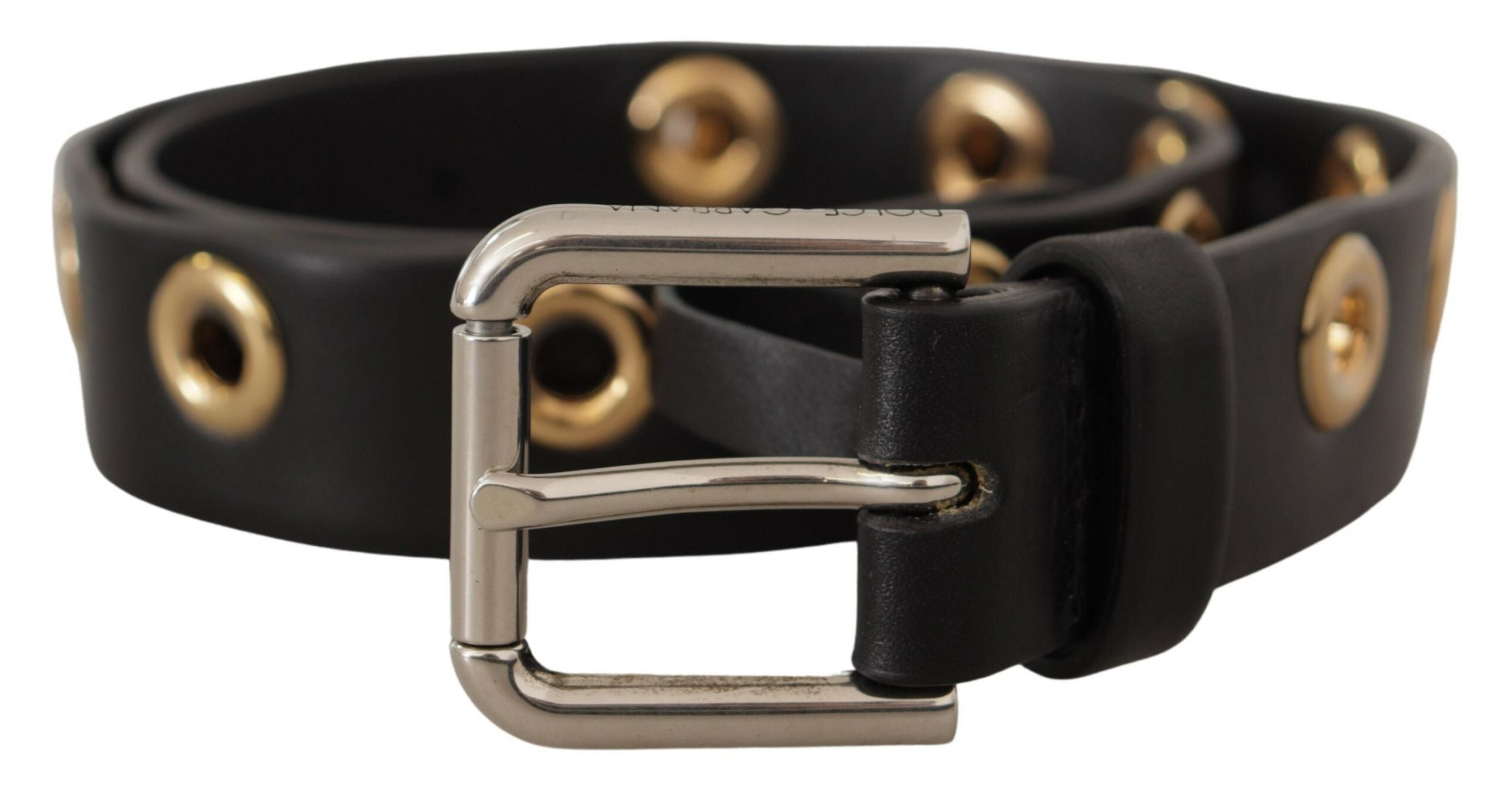 Dolce & Gabbana Black Leather Eyelet Silver Tone Metal Buckle Belt Glam Steals