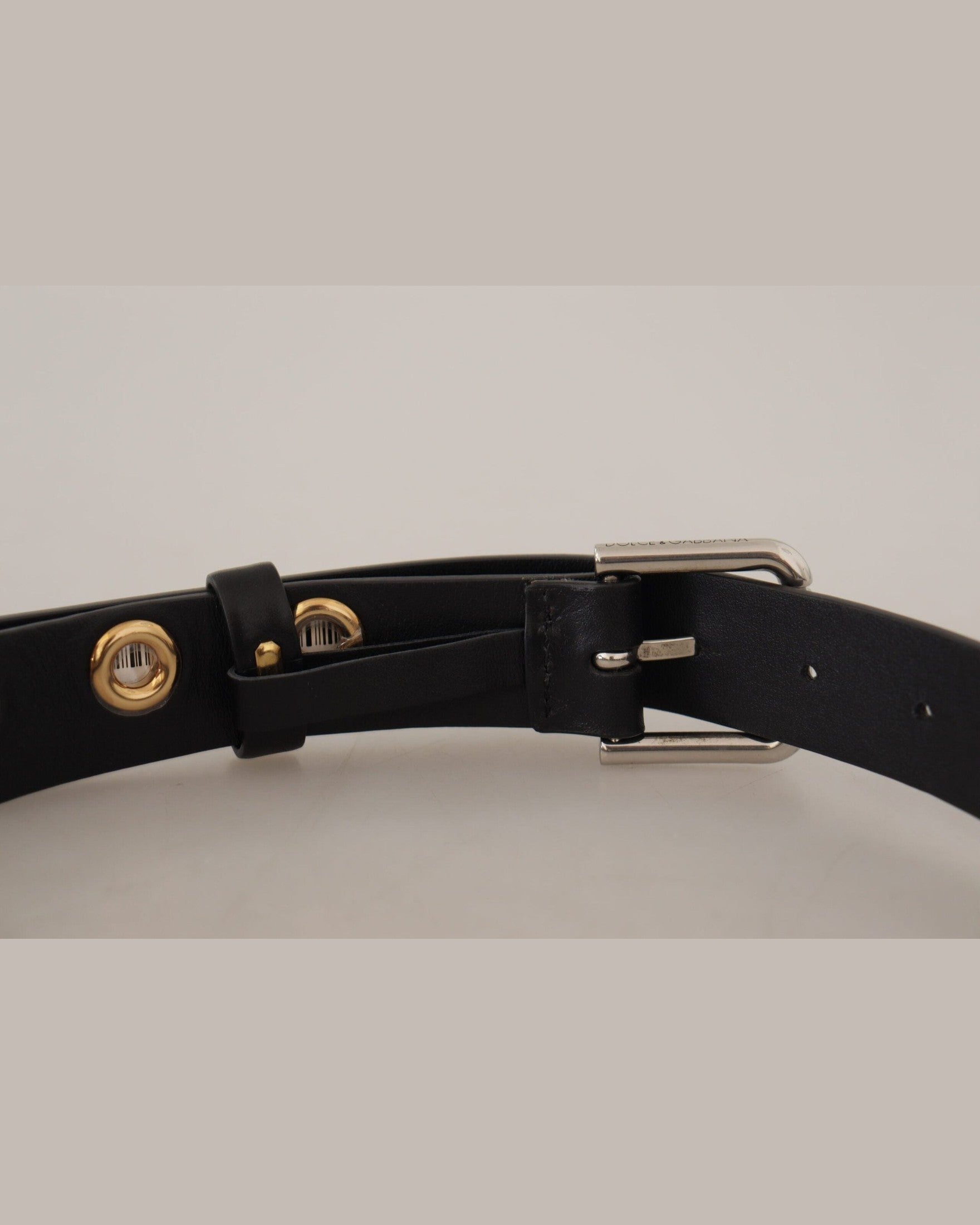 Dolce & Gabbana Black Leather Eyelet Silver Tone Metal Buckle Belt Belts