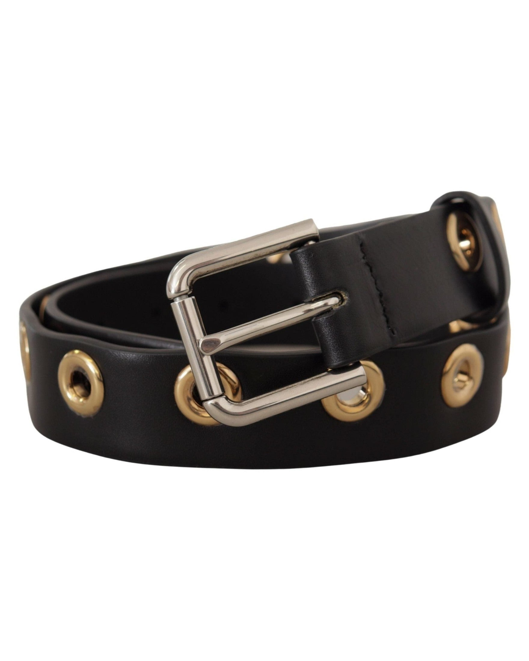 Dolce & Gabbana Black Leather Eyelet Silver Tone Metal Buckle Belt Belts