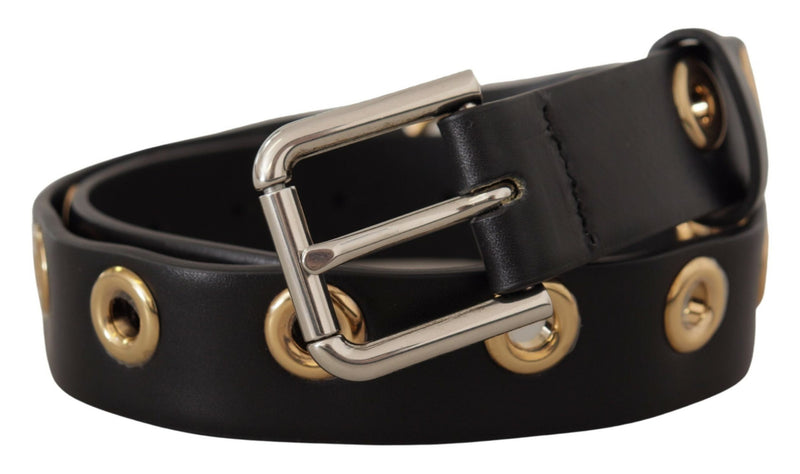 Dolce & Gabbana Black Leather Eyelet Silver Tone Metal Buckle Belt Glam Steals