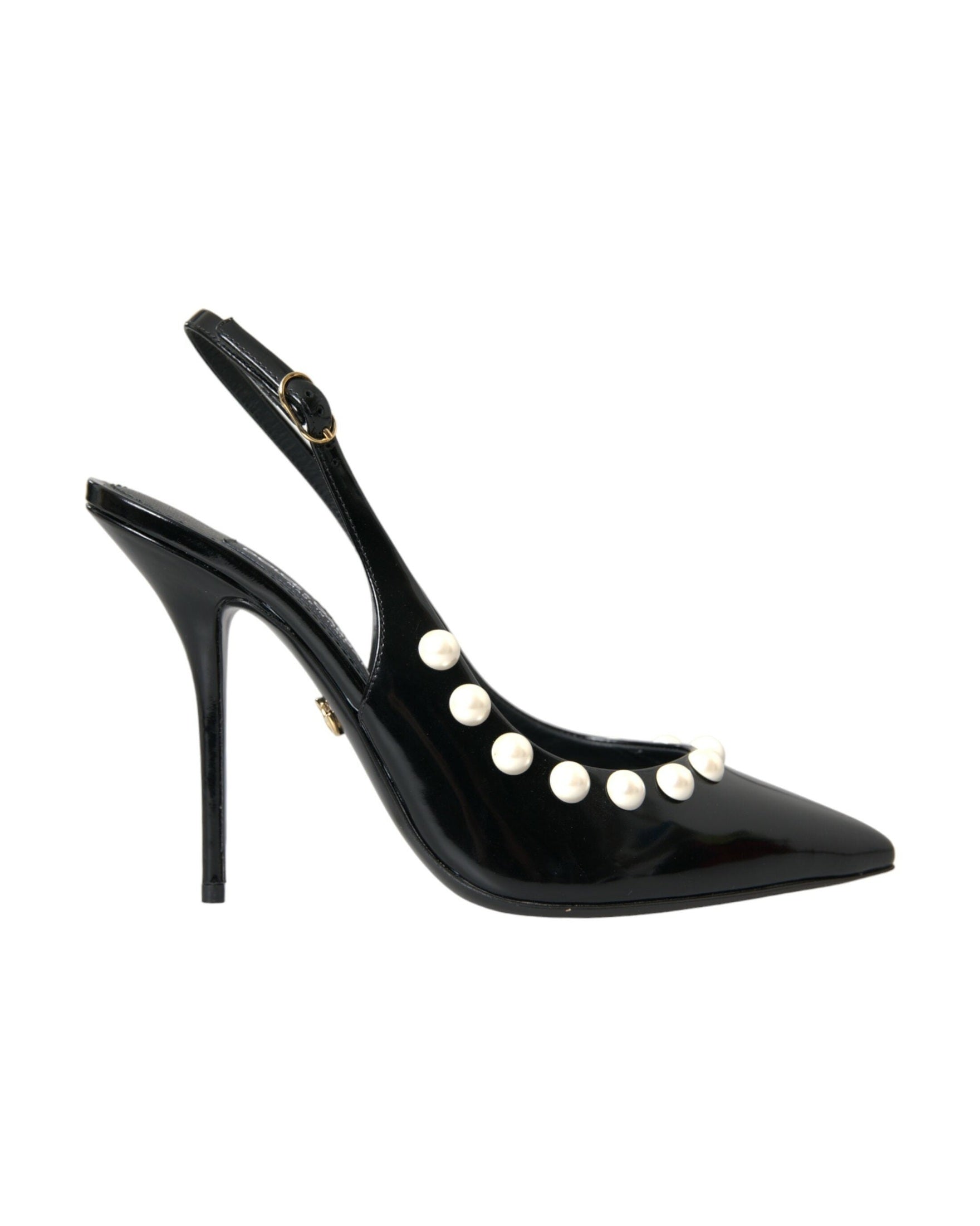 Dolce & Gabbana Black Leather Faux Pearl Heel Slingback Shoes Glam Steals