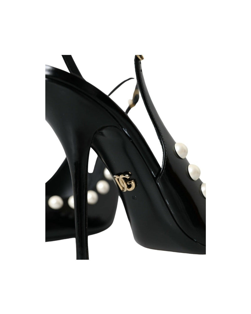 Dolce & Gabbana Black Leather Faux Pearl Heel Slingback Shoes Glam Steals