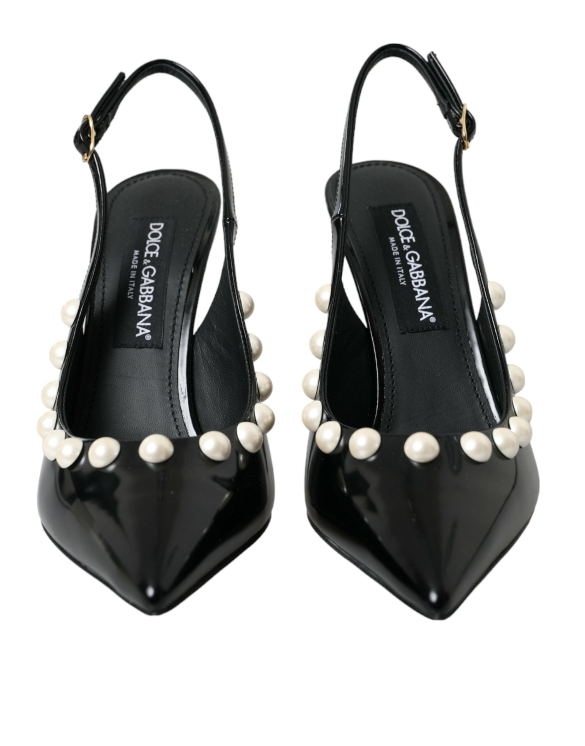 Dolce & Gabbana Black Leather Faux Pearl Heel Slingback Shoes Glam Steals